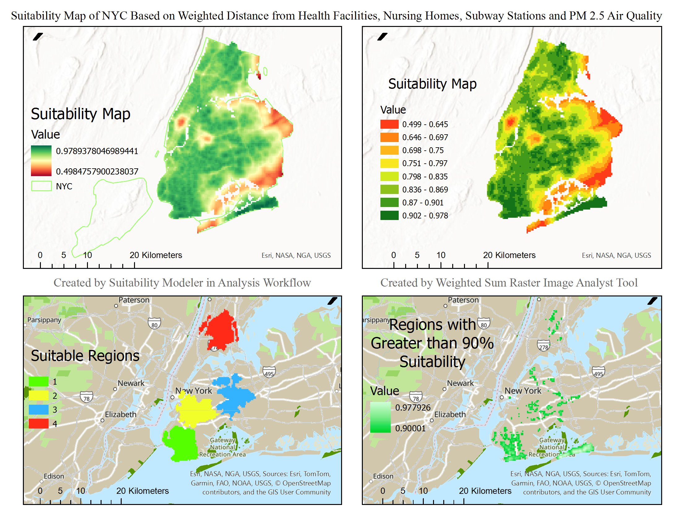 Suitability Map of NYC Based on Weighted Distance from Health Facilities, Nursing Homes, Subway Stations and PM 2.5 Air Quality