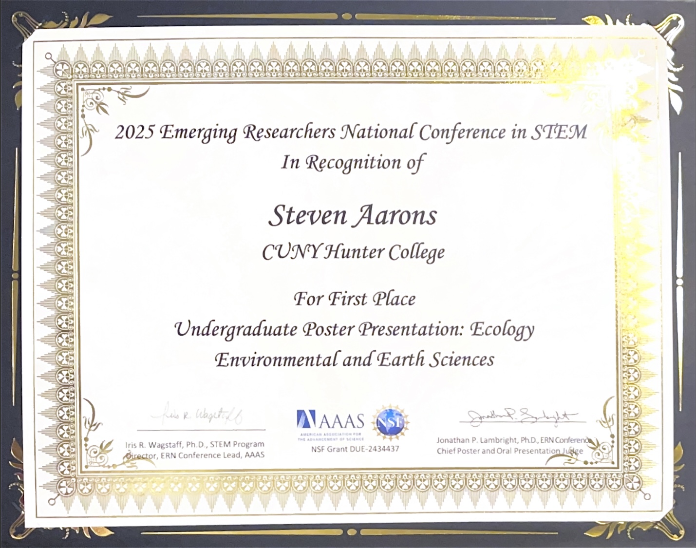 Award for First Place in Ecology and Environmental and Earth Sciences