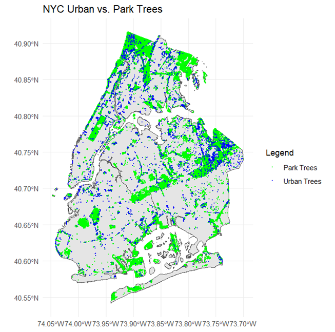 Park trees (Green) and Urban trees (Blue), and Rural trees (not shown, located in the Connetquot River State Park Preserve, Long Island) classified by dominate underlying land-cover, investigated for phenological differences in Growing Season Length (GSL).